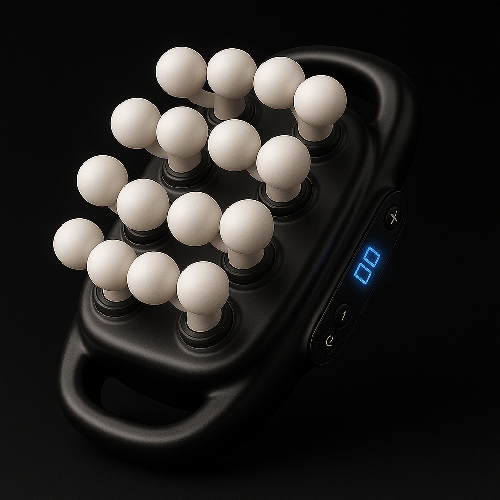 Black handheld massager with white spherical buttons on a black background