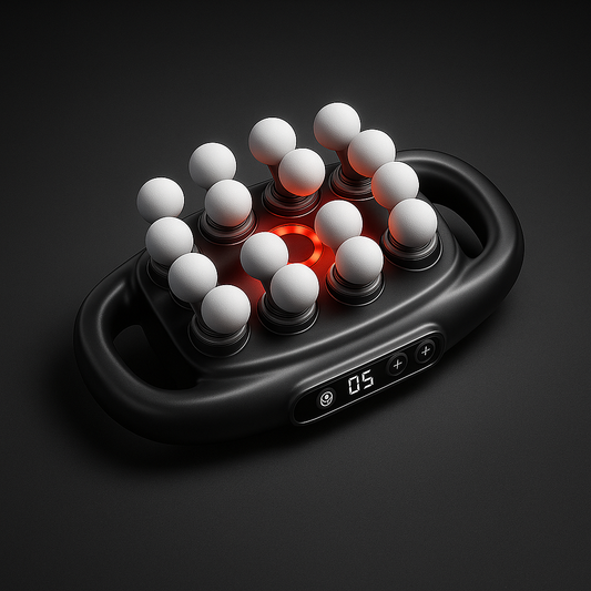 Black 16 head massager with white balls and a digital display on a dark background