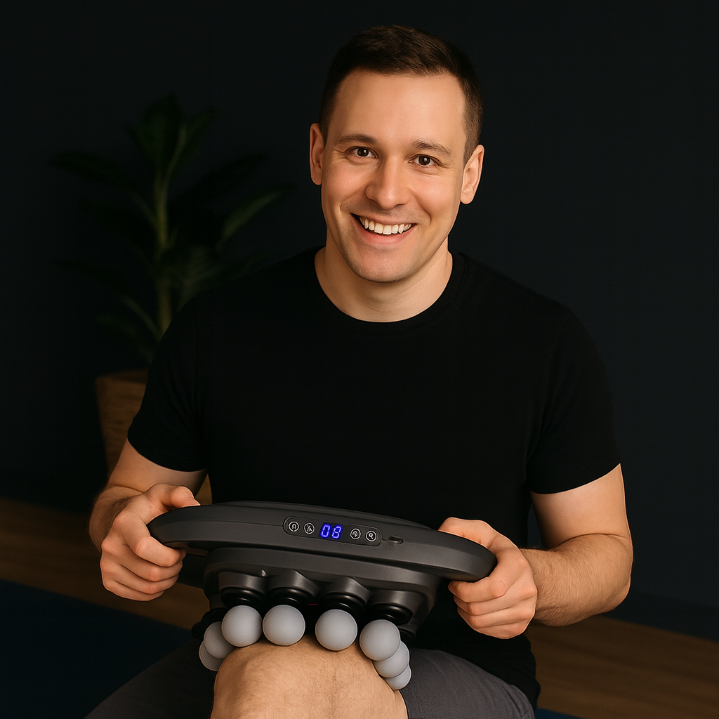 Man holding a handheld massager with a dark background