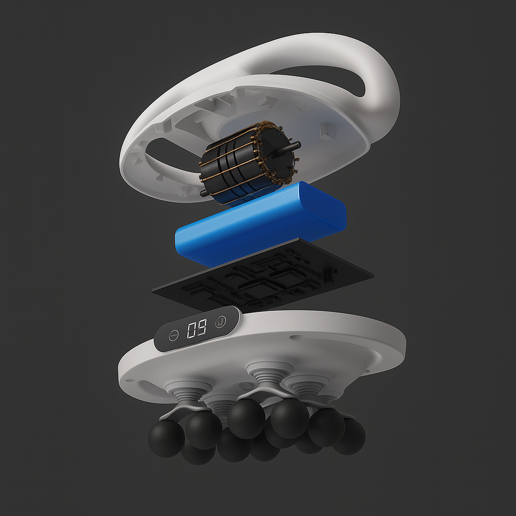 Technical diagram of a 16 head massager on a dark background